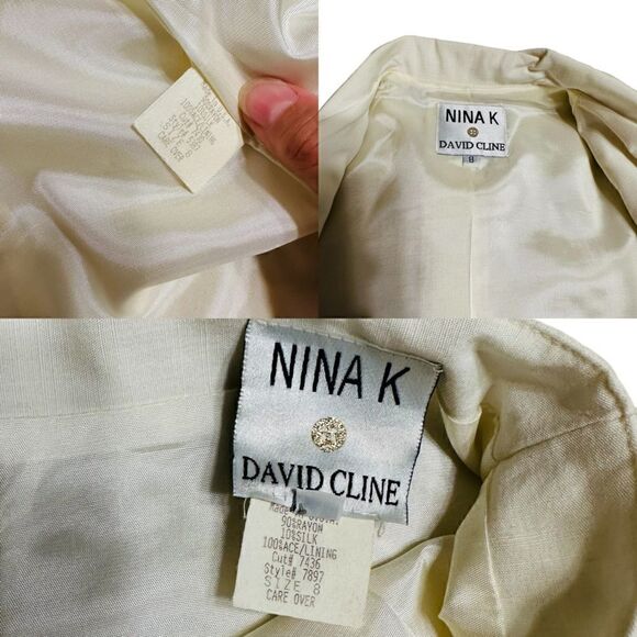 Vtg Nina K 90s cream rayon mix embroidered beaded cut out skirt suit size Small - Picture 16 of 16